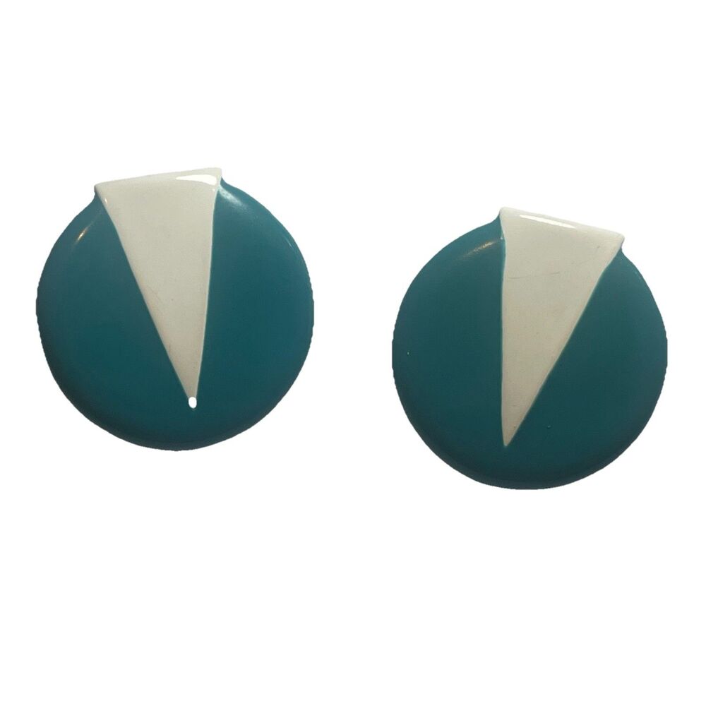 Vtg 1980s Geometric Teal White Enamel Circle Post Earrings Retro Memphis Mod